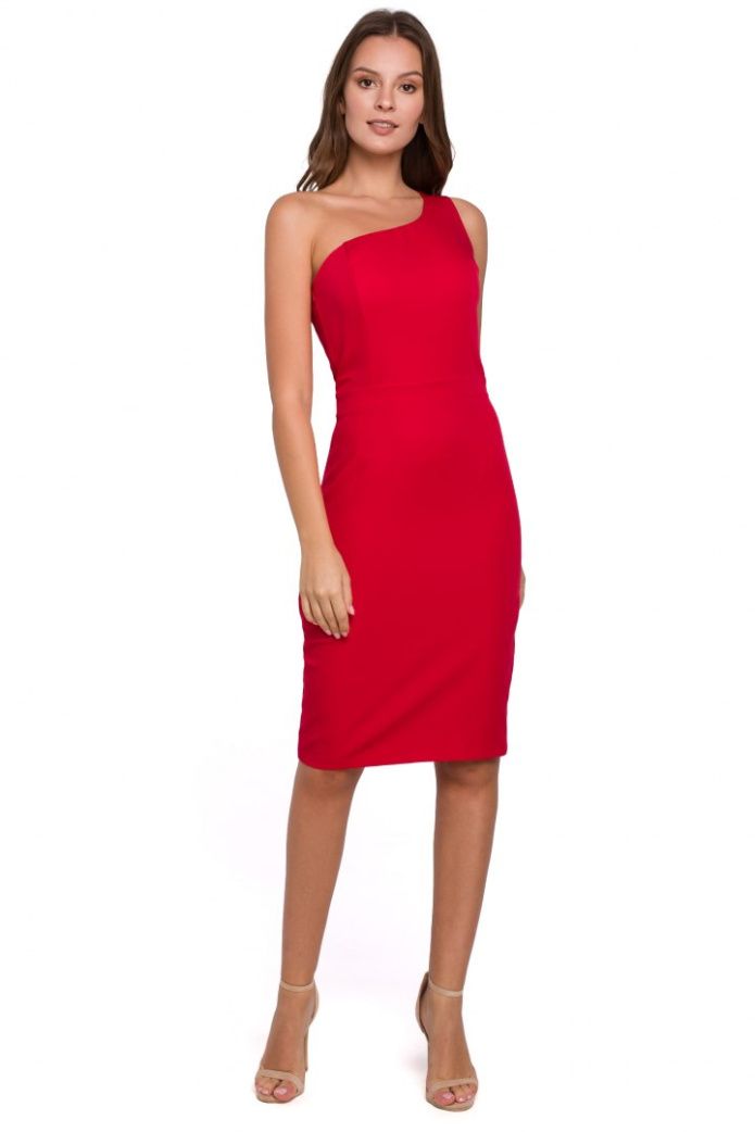 Sukienka Dopasowana - Ołówkowa Na Jedno Ramię - czerwona